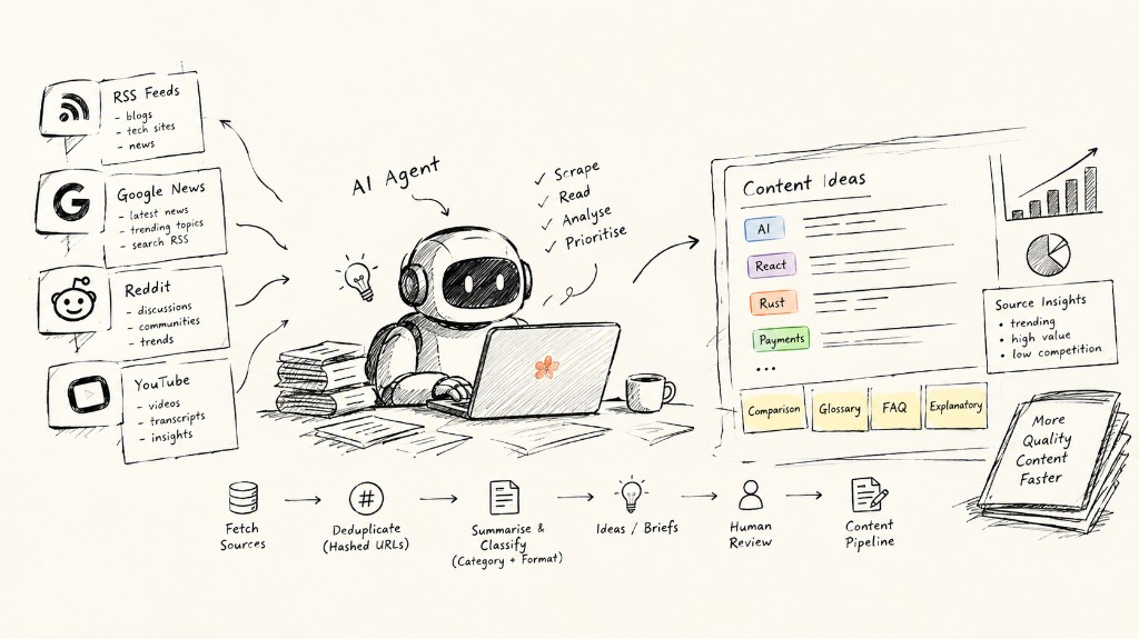 AI agent research pipeline: RSS, Google News, Reddit, and YouTube feeds into classified content ideas and briefs
